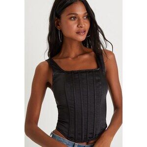Lulus Sultry Option Black Satin Cropped Bustier Tank Top - Size S